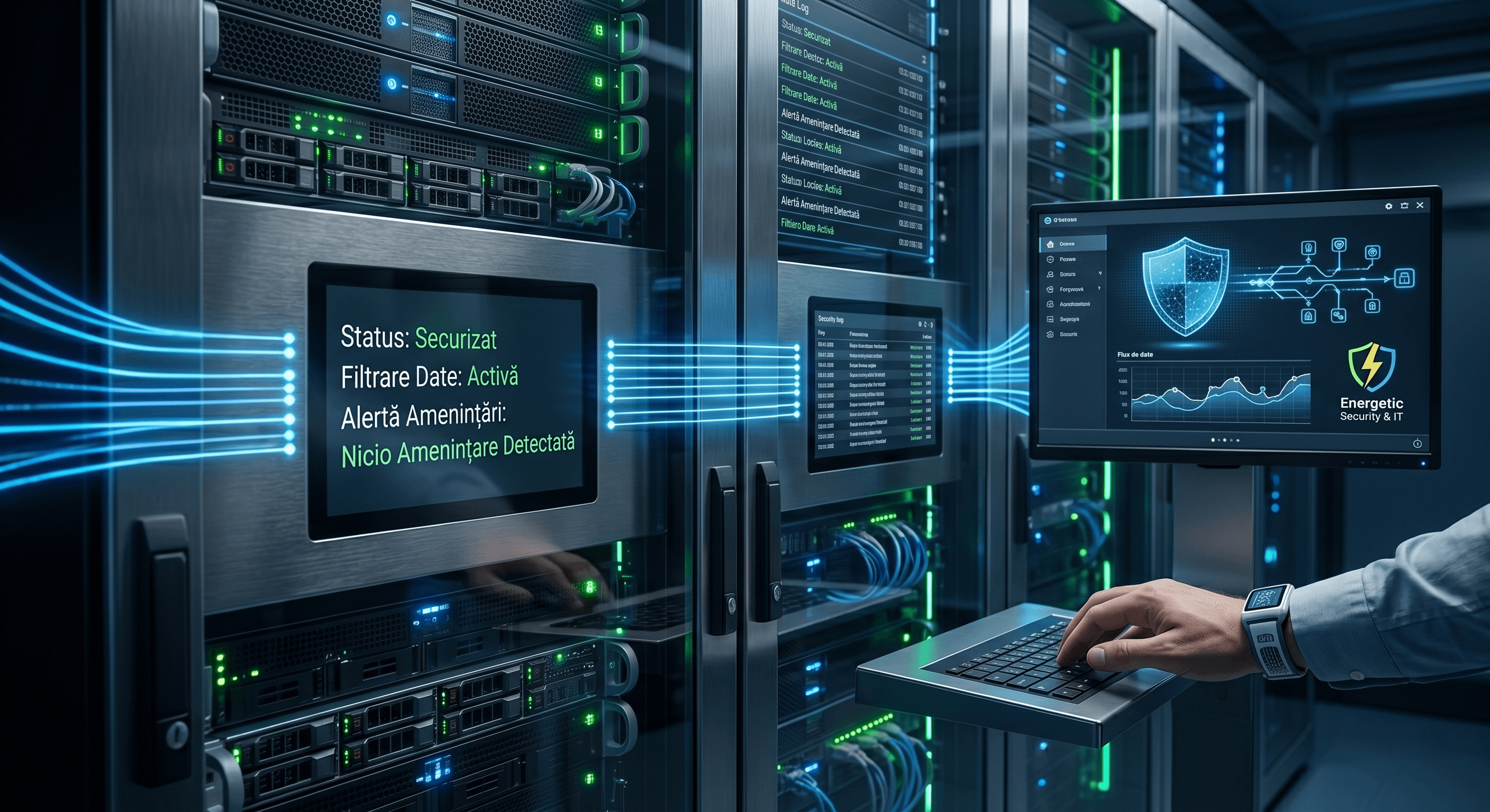 Cybersecurity monitoring in a server room dashboard